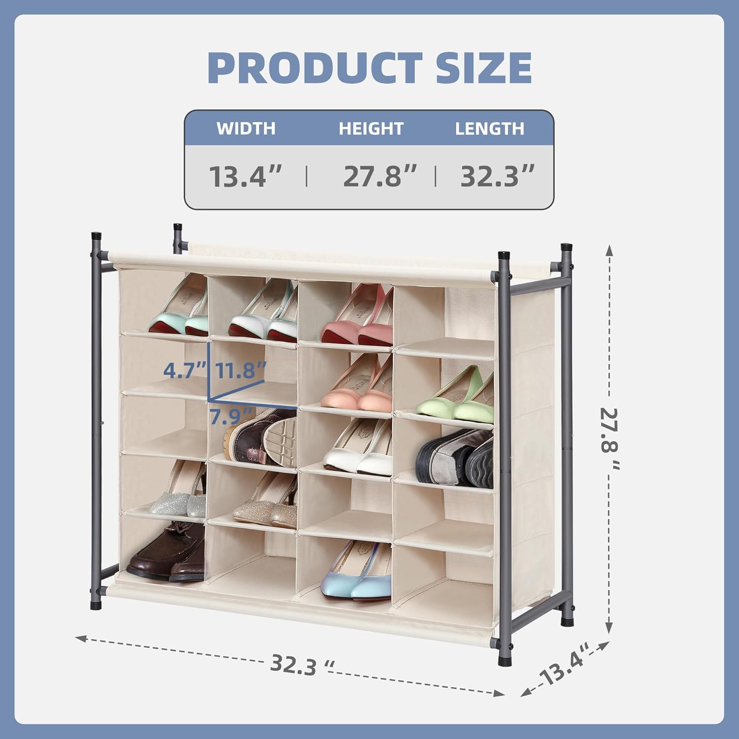 Storage Maniac Stackable Shoe Cubby Organizer - 20-Cube Free Standing Rack for Entryway & Bedroom | Beige