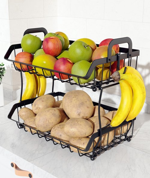 OKZEST 2-Tier Fruit Basket for Kitchen Counter with 2 Banana Hangers, Hanging Fruit Storage Basket Stand, Metal Fruit Organizer Bowl with Handles for Storage Potato Onion Bread Snack Vegetable