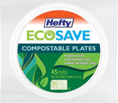 Hefty ECOSAVE Compostable Paper Plates - 10-1/8 Inch, Eco-Friendly, 45 Count