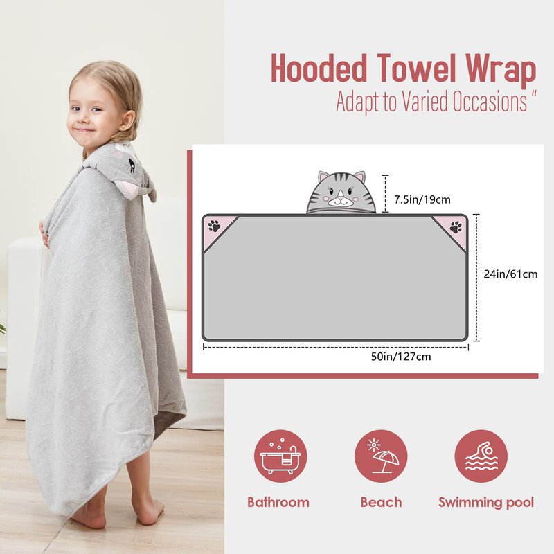 Style Quarters 100% Cotton Kids Hooded Bath Towel with Embroidery - Large 50"x24" Soft Terry Toddler Beach Towel, Cartoon Cat Hooded Towel for Boys & Girls (Grey Cat)