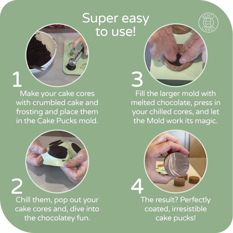 Benty Cakes – The Original Cake Puck Bonus Bundle Set – Better than a Cake Pop! Make Chocolate Covered Desserts – BPA Free Silicone – Includes 1 Mold Set, 2 Trays and 2 Scrapers – Green