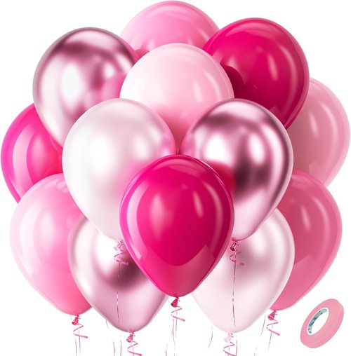 Bezente Pink Balloons Set - 60pcs 12-Inch Metallic Pearl & Latex Balloons for Birthday, Wedding, Baby Shower Decor