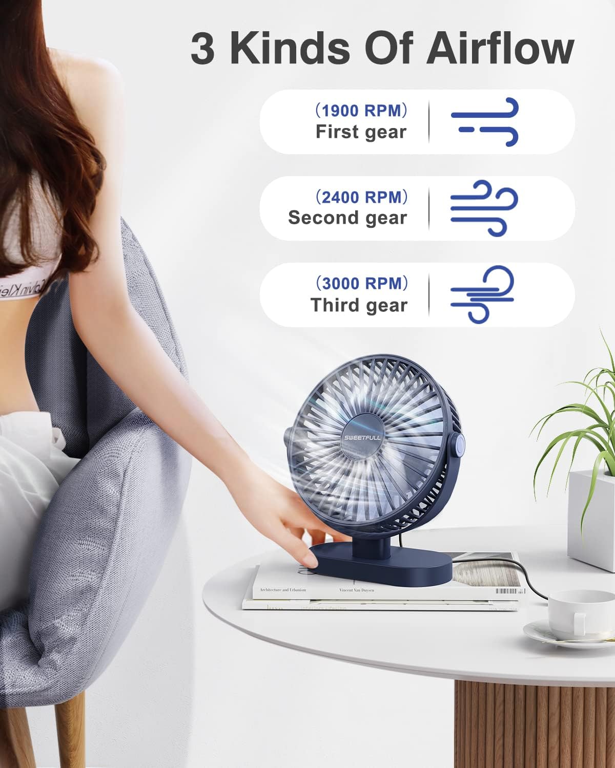 Sweetfull USB Desk Fan - Portable 3-Speed Mini Fan with 360° Adjustment | Quiet Operation, Blue
