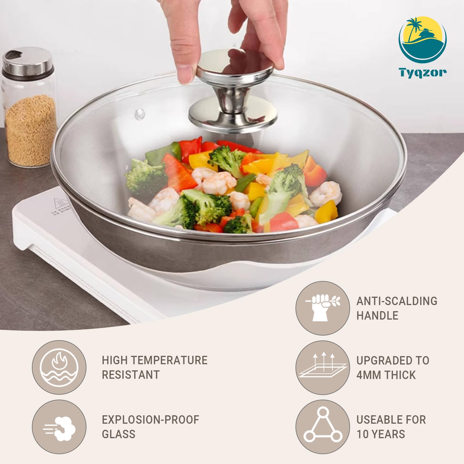 Tyqzor 9.5 Inch Pan Lid for Frying Pan, Skillet, 4mm Clear Tempered Glass, Compatible with Dishwasher and Ovens
