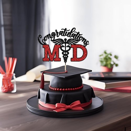 Congratulations MD Cake Topper - Black & Red Glitter Graduation Decoration for Medical School Grads