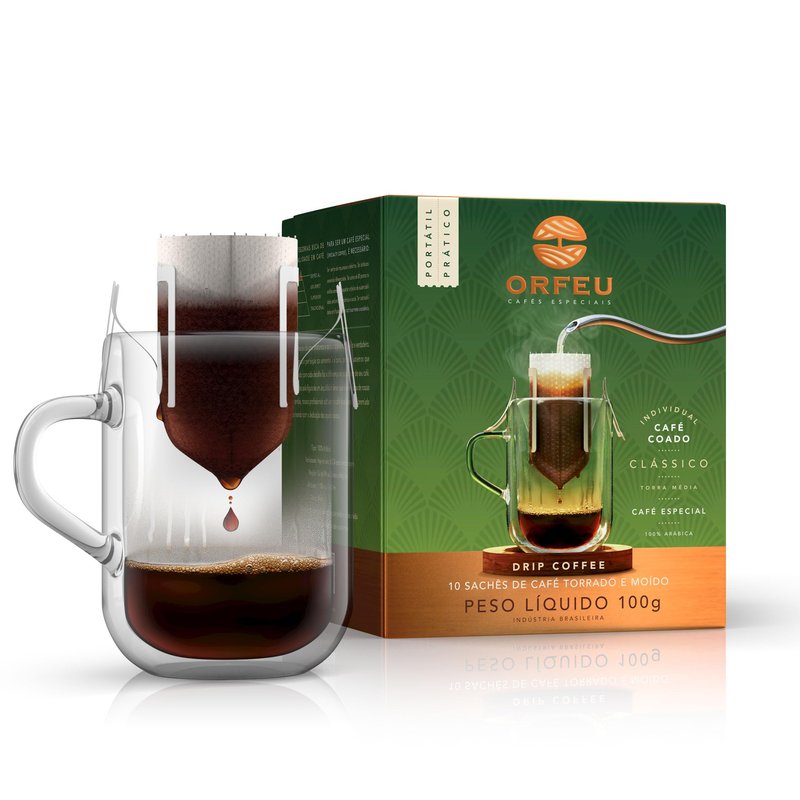 ORFEU - Specialty Coffee Classic - Drip Sachet - Arabica, Medium Roast with Notes of Floral, Fruity & Caramel - Velvety Smooth Body - 10 Units (3.52oz/100g)