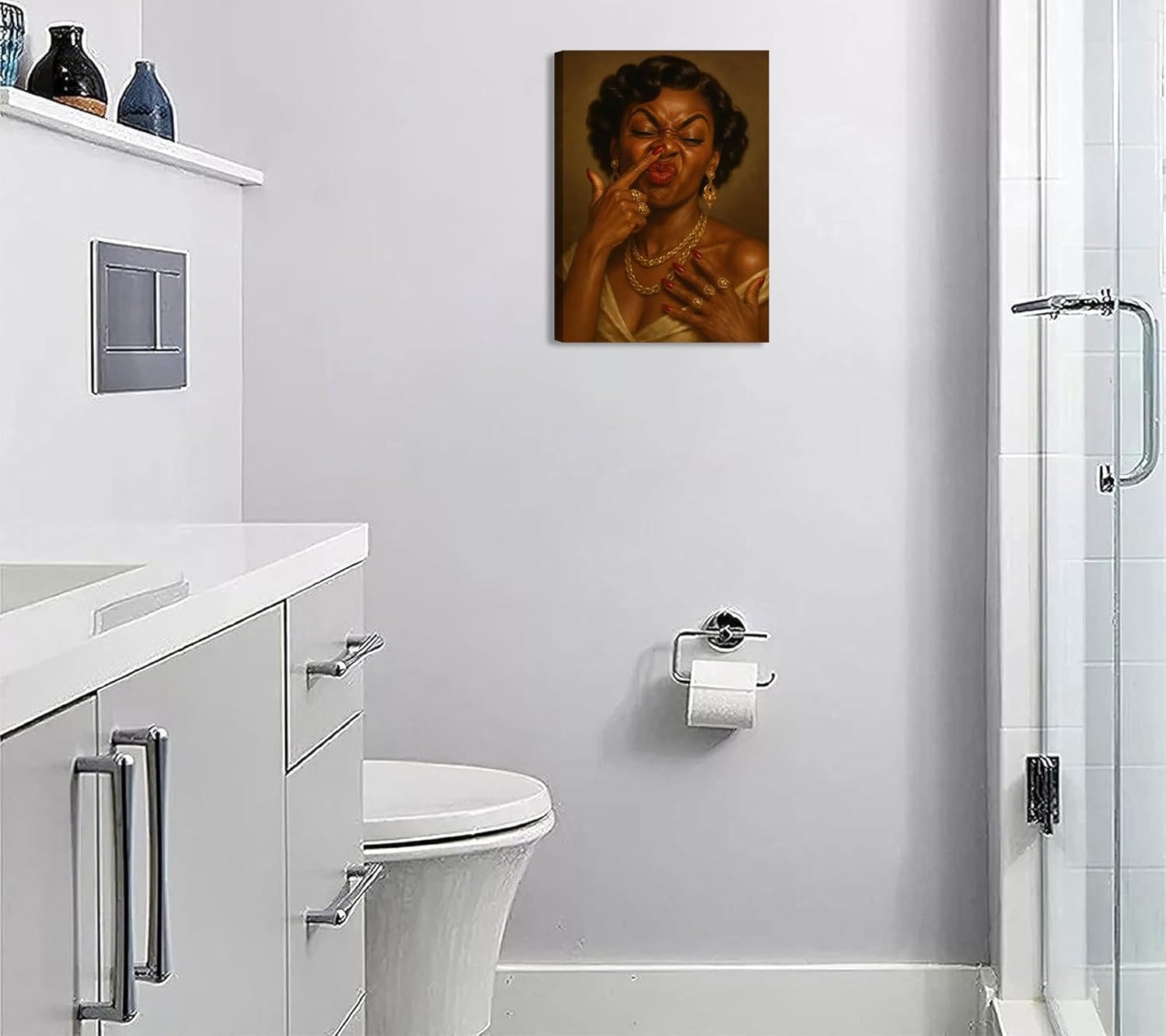 Skiennix Framed Black Woman Canvas Wall Art - Humorous African American Bathroom Decor | 12x16in