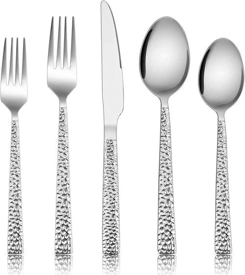 E-far 40-Piece Hammered Silverware Set | Modern Stainless Steel Flatware for 8 - Dishwasher Safe