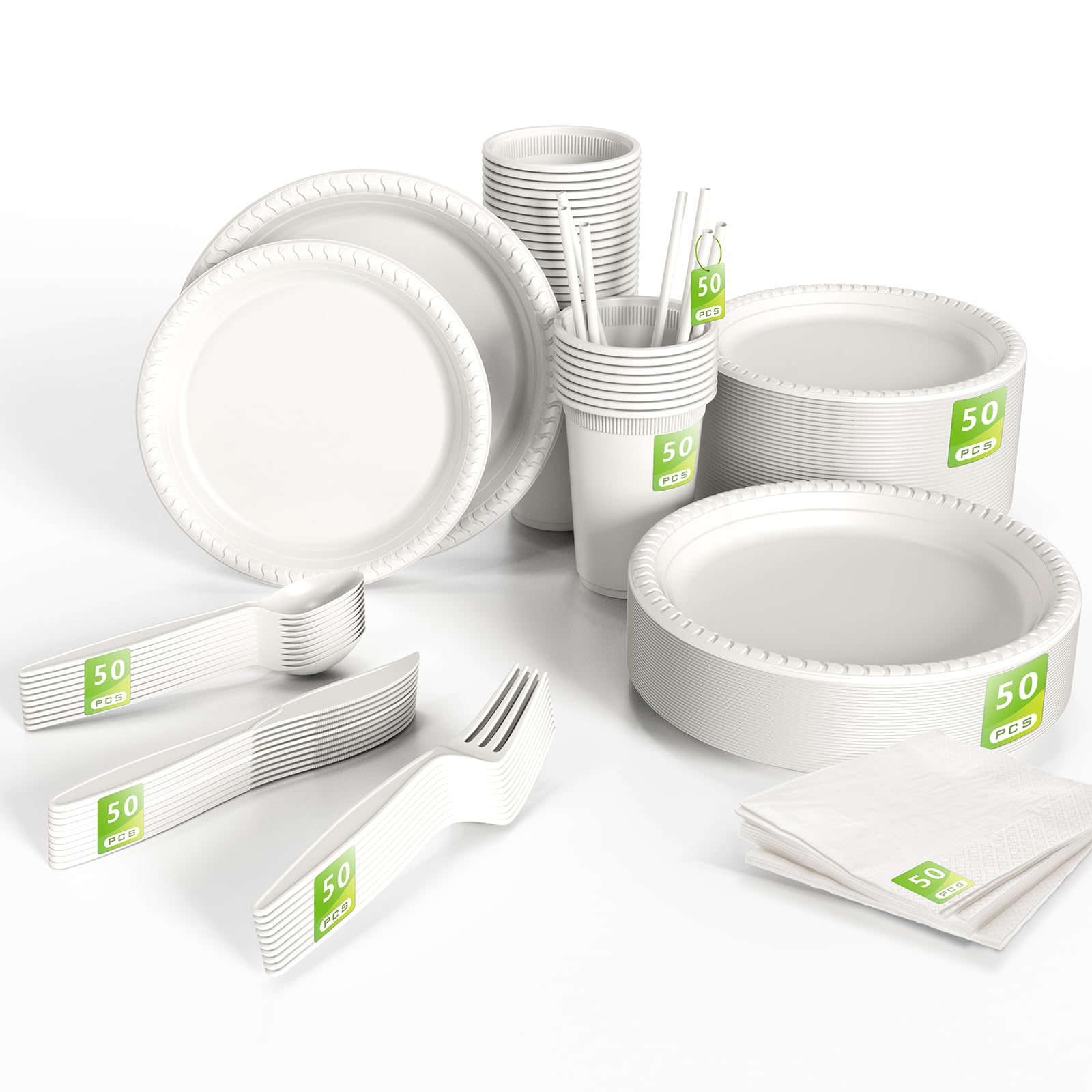 YONGZHUKANG Compostable Disposable Plates Set, 400pcs Compostable Plates and Utensils Disposable Dinnerware Set for Party, Natural Cornstarch Biodegradable Plates Cups Cutlery and Napkins Paper Straws