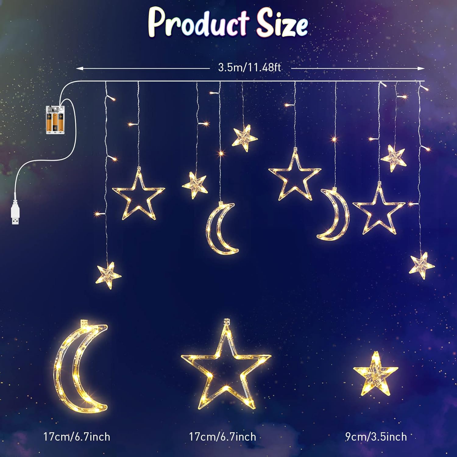 Riakrum LED Star and Moon String Lights - 11.48 ft Waterproof Warm White Fairy Lights for Bedroom | USB Powered Decor