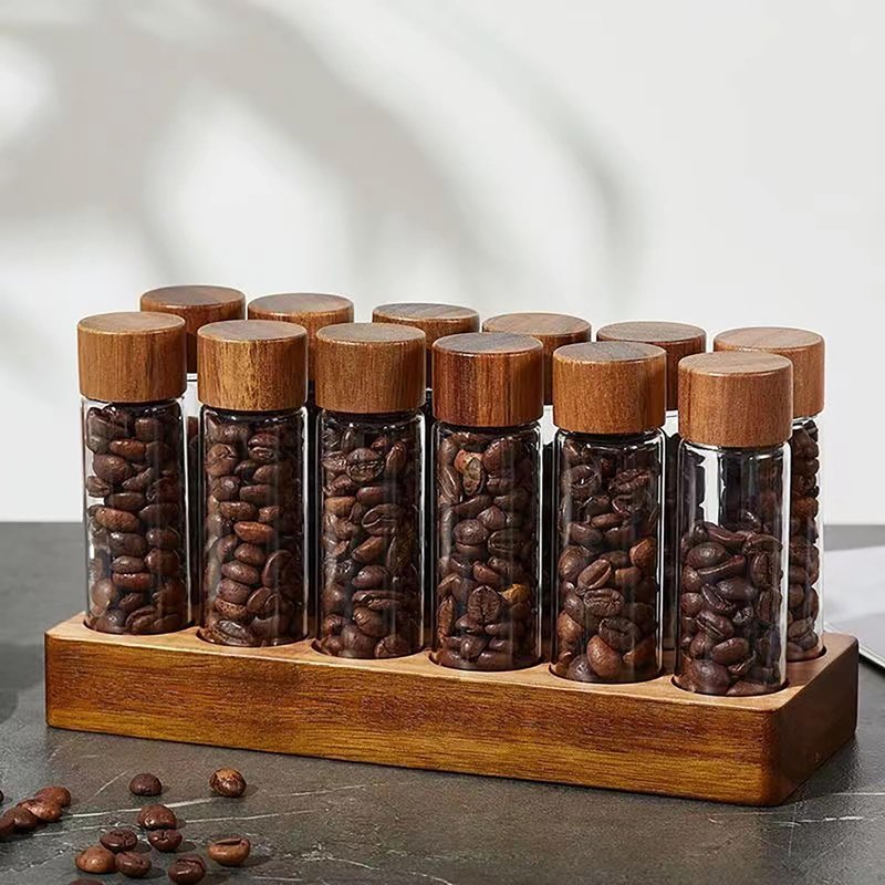 TREELF Coffee Bean Storage,Coffee Storage Container with Walnut Solid Wood Base,Coffee Bean Container,12 Tubes Single Dose with Wooden Holder(Type 1)