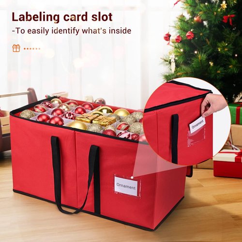 Mrrihand Christmas Ornament Storage Box - Organize 128 Holiday Ornaments | Adjustable Dividers, Dual Zipper, 600D Material (Red)