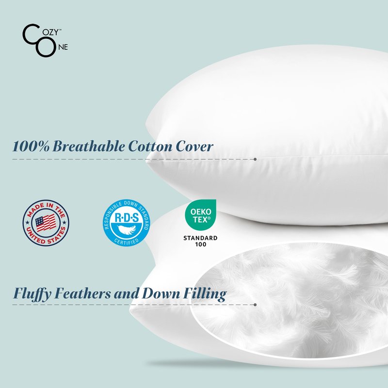 COZY ONE 24x24 Feather and Down Pillow Inserts Set of 2 - Fluffy and Big Décor Pillow with Premium Cotton Cover (24x24 inch, White, Set of 2)