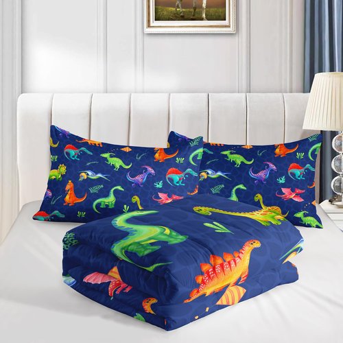 QOOMO Cartoon Dinosaur Kids Comforter Set for Boys Girls Full Size Dark Blue Dino Bedding Set Super Soft Dinosaurs Quilt with 1 Comforter and 2 Pillowcases Lightweight Microfiber for All Seasons