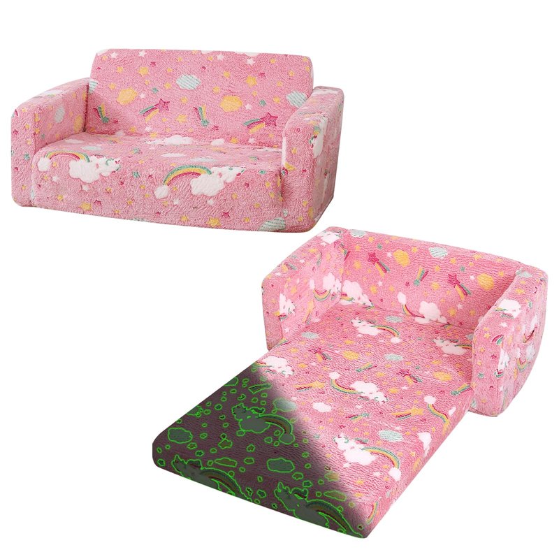 Dormlony Foldable Kids Sofa Extra Wide for 2 Seats, Soft Kids Fold Out Couch Glow in The Dark,Convertible Sofa to Lounger Toddler Sofa Chair(Rainbow)