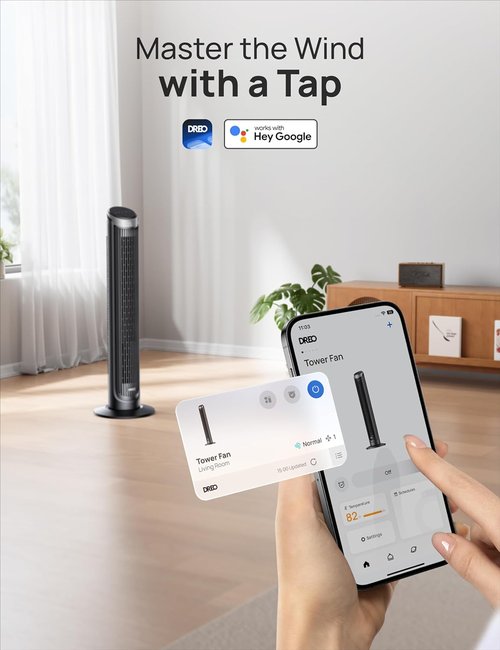 DREO Smart Tower Fan - 90° Oscillating 40" Standing Fan with 5 Speeds & Quiet Operation | Voice Control & Timer, Silver