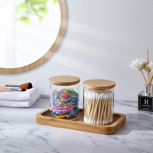 INIUNIK Glass Qtip Holder - Elegant Vanity Tray & Apothecary Jar Organizer for Cotton Balls, Swabs & Accessories
