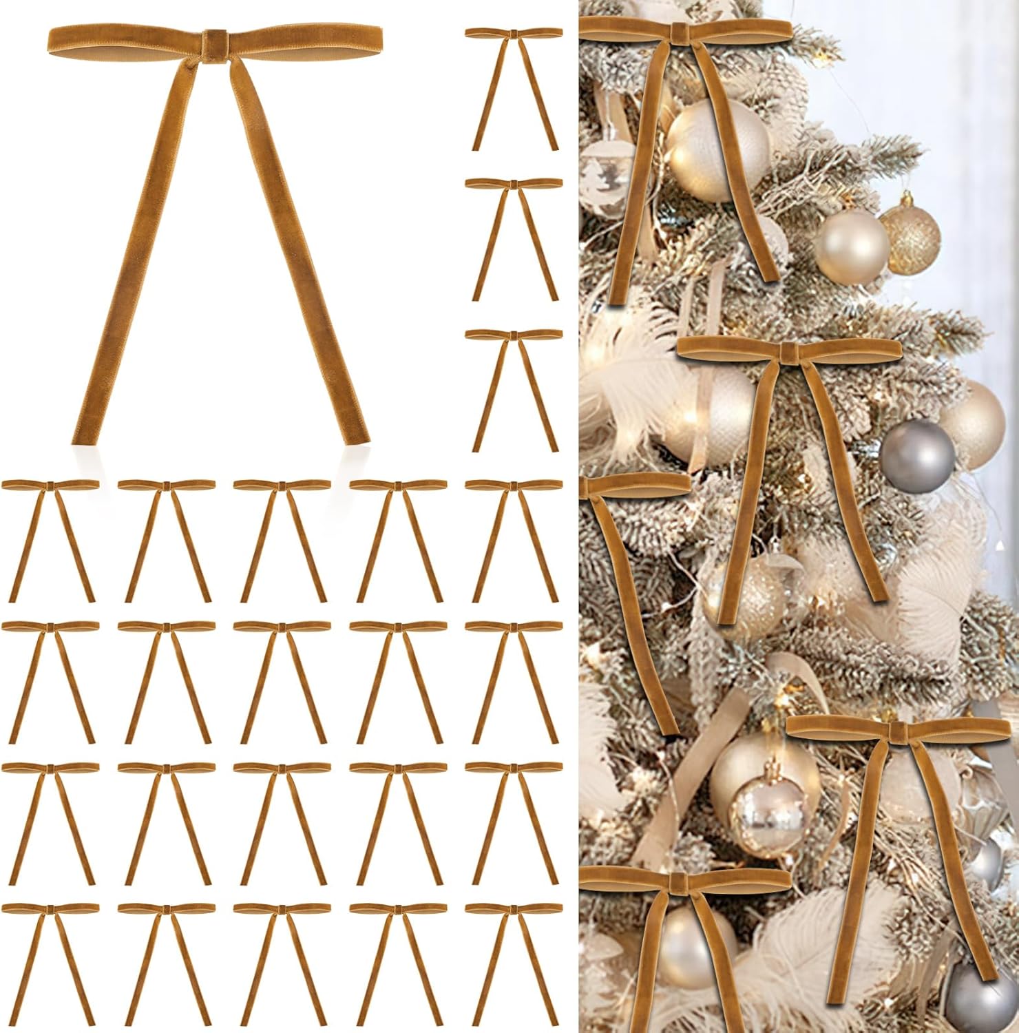 Skiennix Velvet Christmas Tree Bows - Elegant Khaki Pre-Tied Ornaments | 24 Pcs, 5”x7” for Holiday Décor