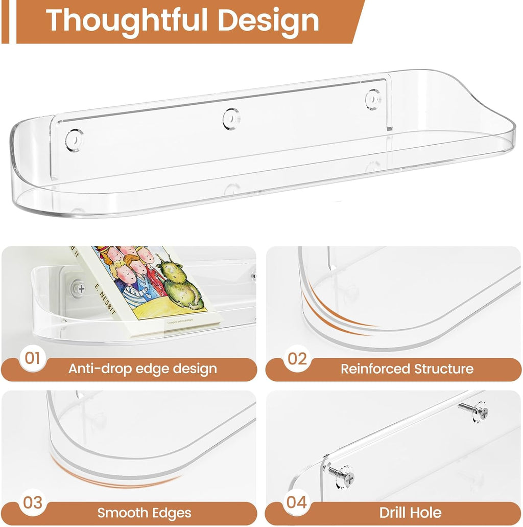 SpaceWhisper Floating Wall Shelves - 6-Pack 15" Clear Shelves for Bathroom, Bedroom, Kitchen & Living Room Decor