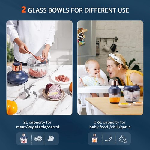 Bear Food Processor - Electric Chopper with 2 Glass Bowls (8 Cup & 2.5 Cup) | 400W Power Grinder & Stainless Steel Blades