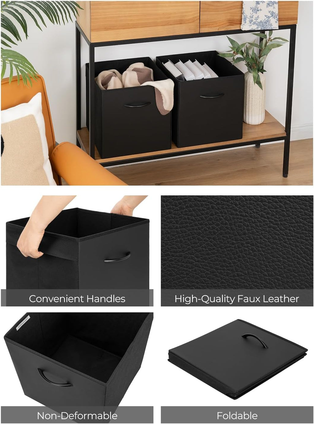 StorageWorks Black Storage Cubes - 13-Inch Leather Bins with Handles | Collapsible 4-Pack for Organizing Shelves and Closets