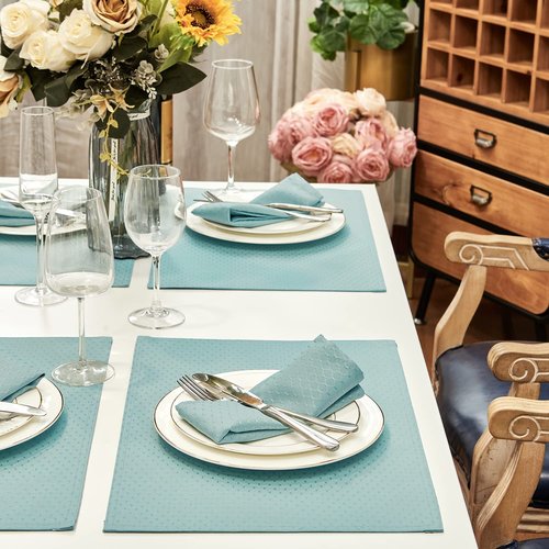 Homejoy Place Mats Set of 8 – Rectangle Rectangular Waterproof Fabric Polyester Cloth Washable Wipeable Heat Resistant Placemats for Kitchen Dining Dinner Table Indoor 13 x 19 Inch Turquoise