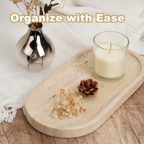 Koville Italian Travertine Tray - Elegant 12"x6" Marble Vanity Catchall for Perfume, Candles, Jewelry