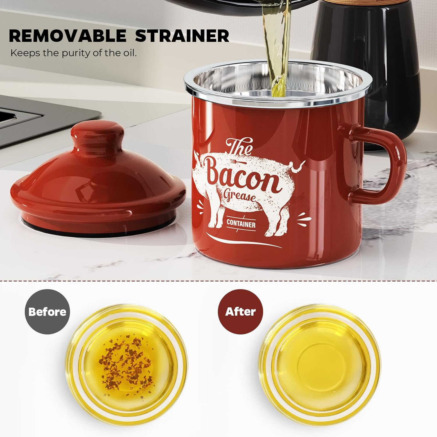 Skiennix Black Meat Chopper - 15oz Mini Red Bacon Grease Container for Easy Cooking Cleanup