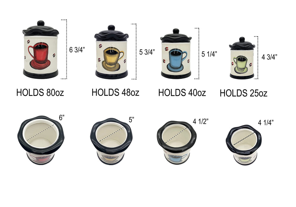 ACK Tuscany Colorful Coffee Bean Collection 4PCs Canister Set with Lid, Kitchen Storage Jar, Food Storage Container, Airtight Storage Container With Rubber Seal