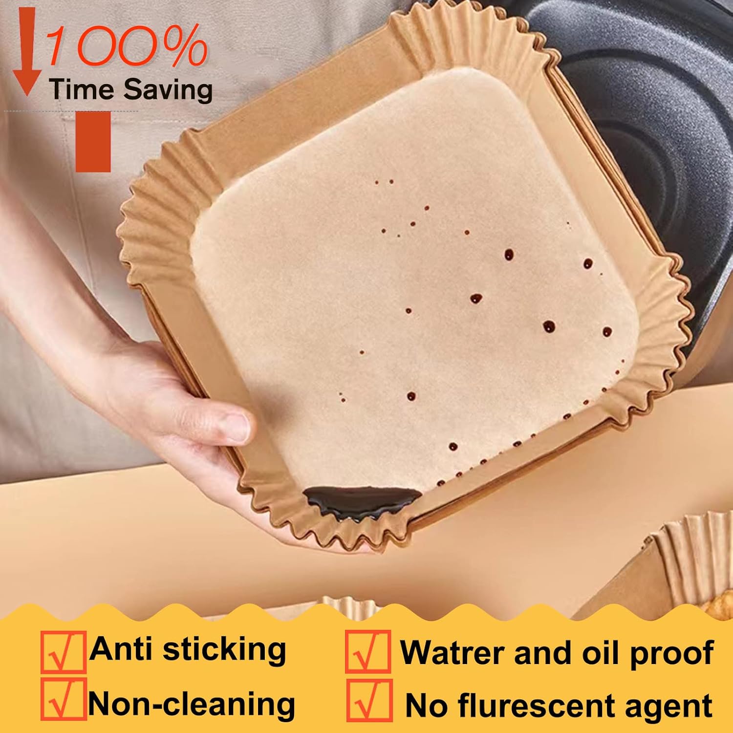 Skiennix Air Fryer Disposable Paper Liners - 10 Inch Square, 100 Pcs Non-Stick Parchment for 8-12QT Fryers