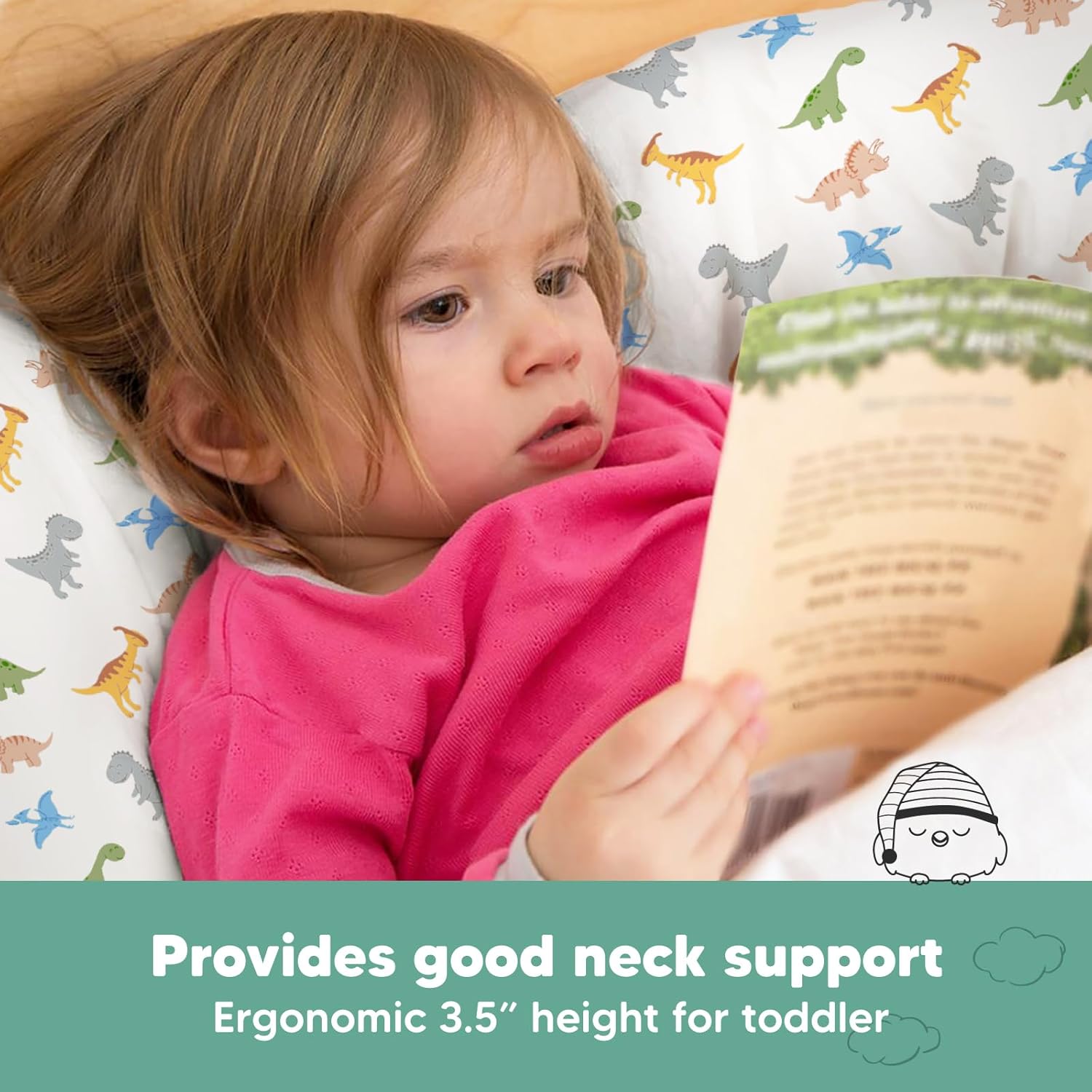My Little Dreamy Toddler Pillow - Organic Cotton Travel Bed Pillow with Soft, Breathable Pillowcase | 13x18 Inches, Machine Washable for Ages 2-5 (Roarsome)