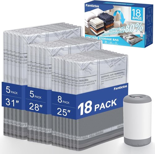 Fantictas Vacuum Storage Bags - 18 Pack Portable Compression Bags with Rechargeable Air Pump for Clothing & Bedding