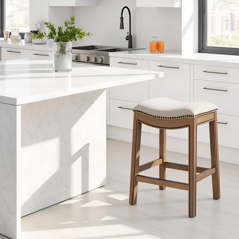 Williston Counter Height Stool – 26” Tall Backless Saddle Seat with Linen-Like Upholstery, Solid Rubberwood Frame in Natural Wire-Brush Finish, Metal Kick Plate & Footrest for Kitchen Island or Bar