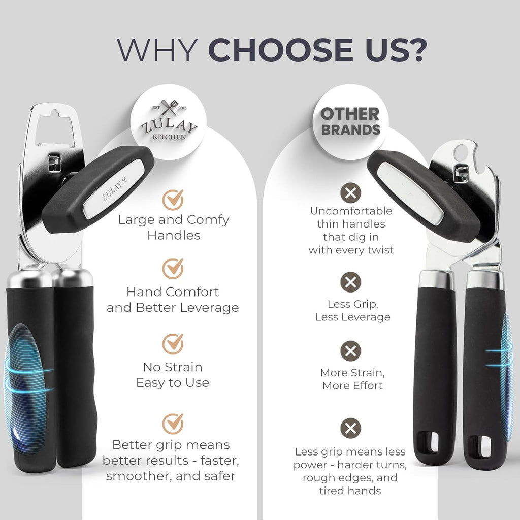Zulay Kitchen COMFY™ Can Opener - Rust-Proof Stainless Steel with Soft Grip Handles | Black