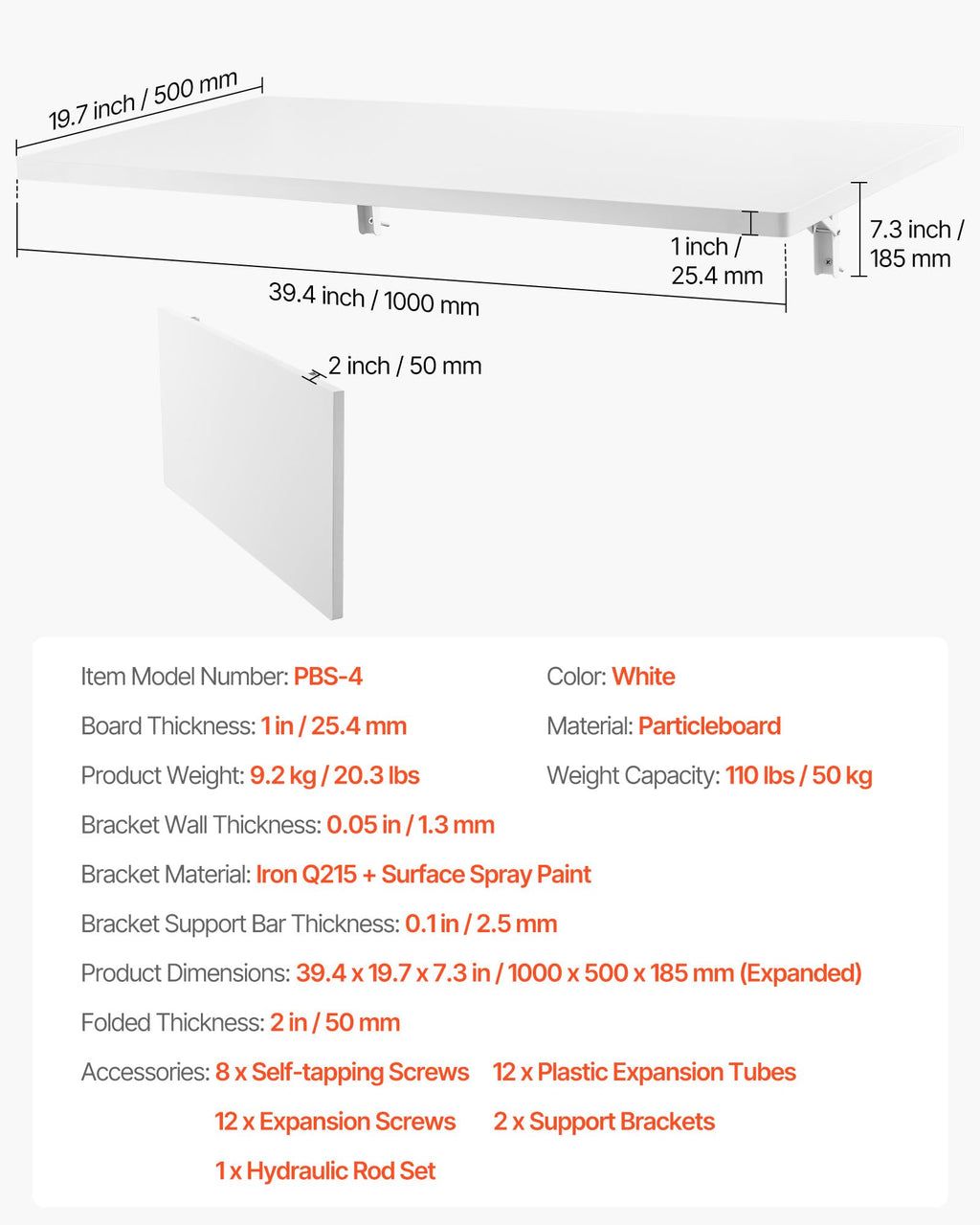 VEVOR Wall Mounted Folding Table, 43.3 x 18 inches Wall Mount Table, Floating Desk with Iron Bracket, Fold Down Desk for Small Spaces, Home Office, Dining, Laundry Room, Kitchen, Bar, White