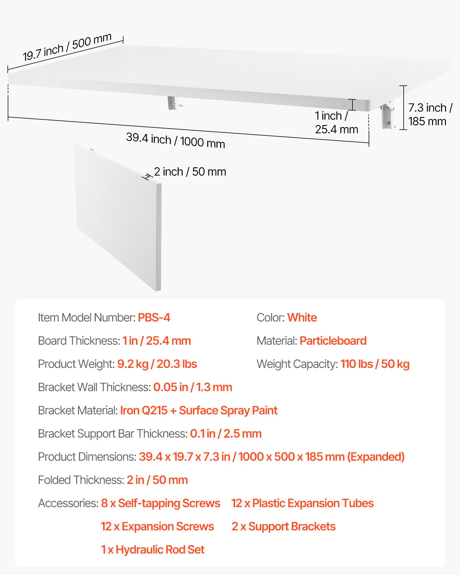 VEVOR Wall Mounted Folding Table, 43.3 x 18 inches Wall Mount Table, Floating Desk with Iron Bracket, Fold Down Desk for Small Spaces, Home Office, Dining, Laundry Room, Kitchen, Bar, White