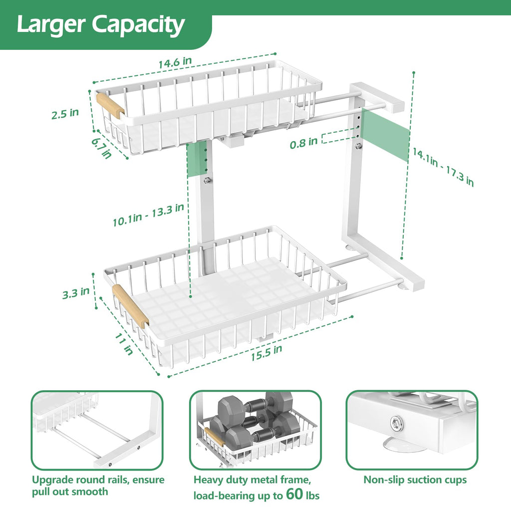 ADRIMER Under Sink Organizer 2 Packs, Pull Out Kitchen Sink Organizer, 2 Tier Slide Out Kitchen Organizers and Storage Bathroom Under Cabinet Storage Shelf, White