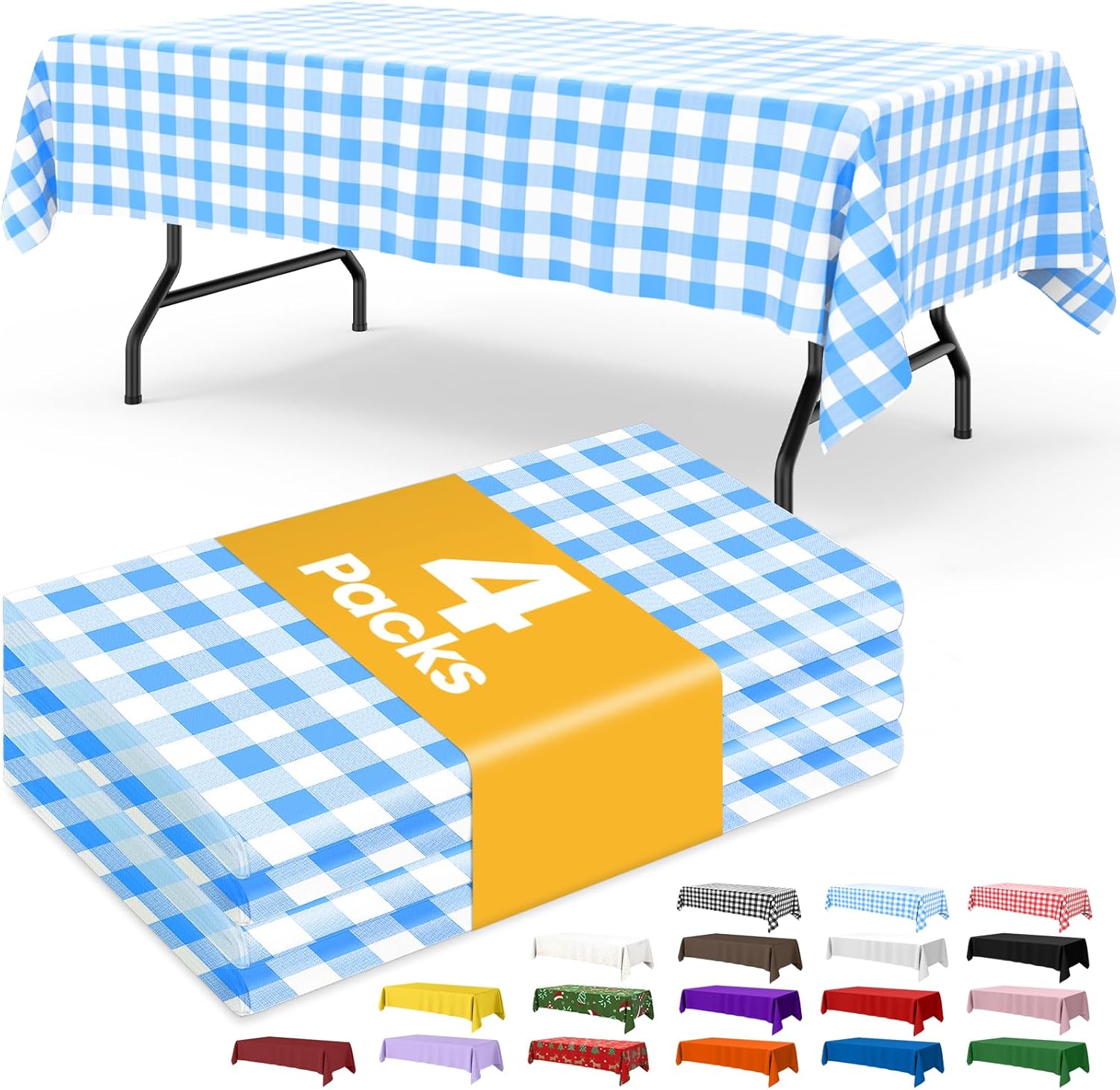 Niuara Blue Checkered Plastic Tablecloth - 4 Pack | 54" x 108" Disposable Cover for Parties & Gatherings
