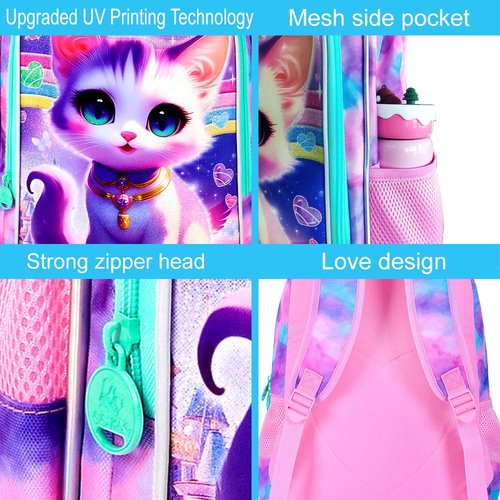 TXHVO 3Pcs Cat Backpack for School, 16" Girls Bookbag with Lunch Box, Kids Backpacks Set for Elementary Preschool Kindergarten(Pink)