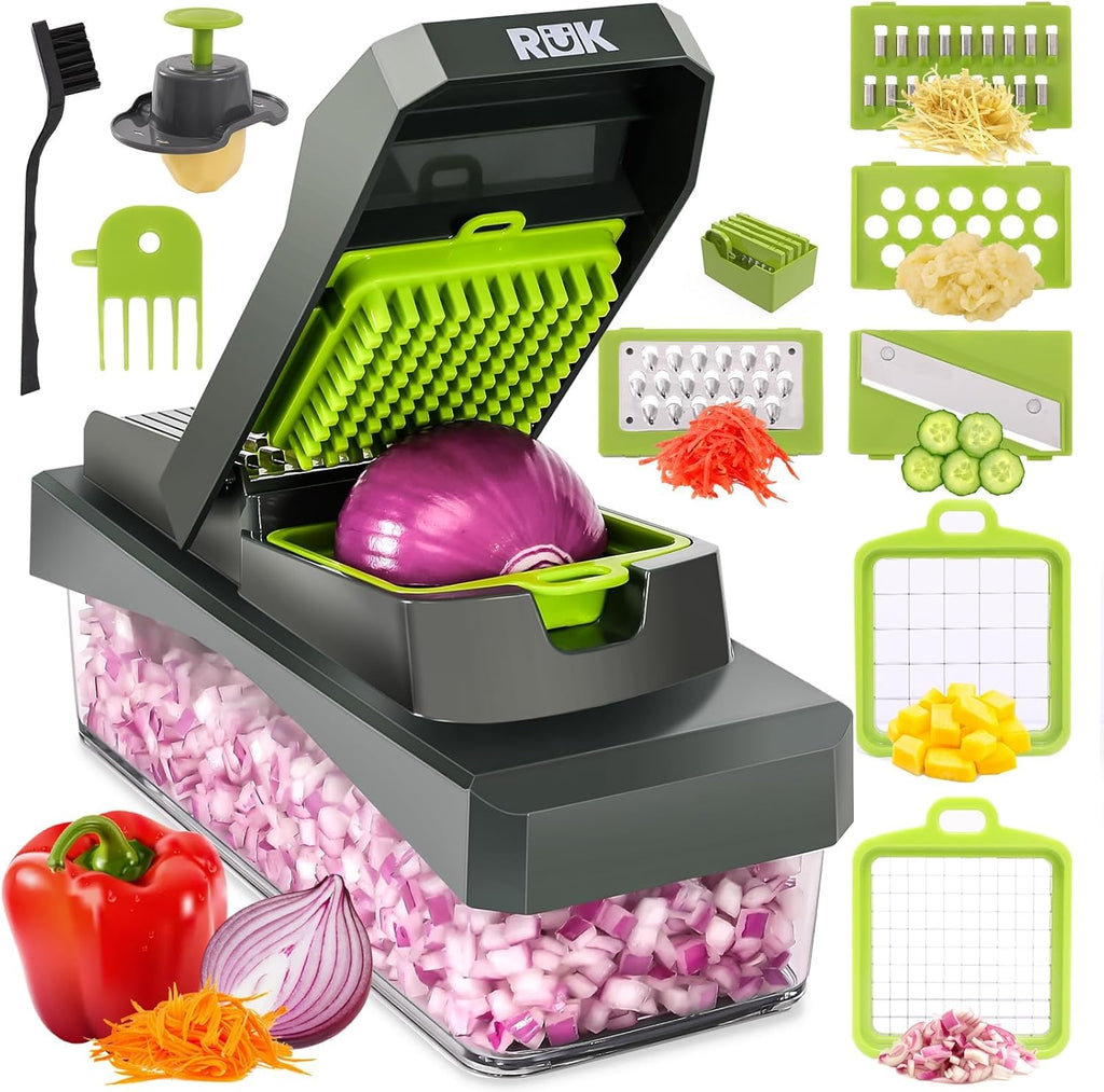 RüK 10-in-1 Vegetable Chopper - Versatile 6 Blade Food Dicer & Grater with Container | Gray Kitchen Gadget