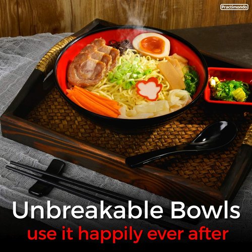 Practimondo 4 Noodle Bowls Set - large 32oz Ramen Bowl Set for authentic Asian Cuisine - with Dipping Bowls, Spoons, Chopsticks & Chopstick Stands. Enjoy Thai Miso Udon Wonton (4 Bowl Set, Red-Black)