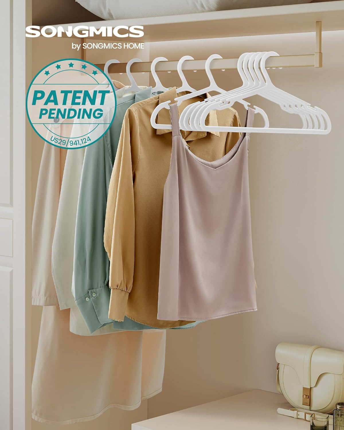 SONGMICS Plastic Clothes Hangers - Space-Saving Design with Wide Shoulder Notches - 16.4 Inches, Cloud White, Pack of 50
