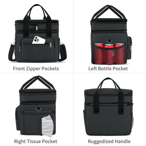 Coobiiya 23L Large Expandable Insulated Lunch Bag Cooler Bag，Lunch Box for Men Double Deck Leakproof，Heavy Duty LunchBag with 4 Ice Packs&10 Snack Cooler Bags for Camping, Travel, Kayaking & Beach