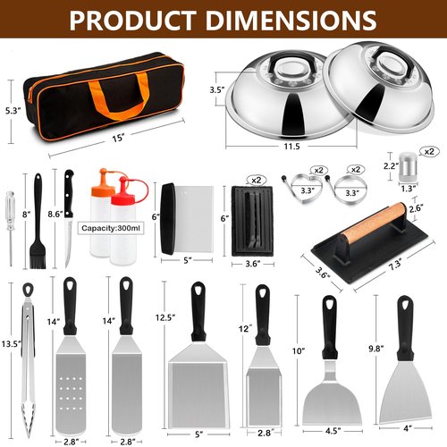 25Pcs Griddle Accessories Kit for Blackstone, Joyfair Stainless Steel Flat Top Grilling Spatula Accessory Tools Set with Smash Burger Press Basting Covers for Outdoor BBQ Teppanyaki Hibachi Cooking
