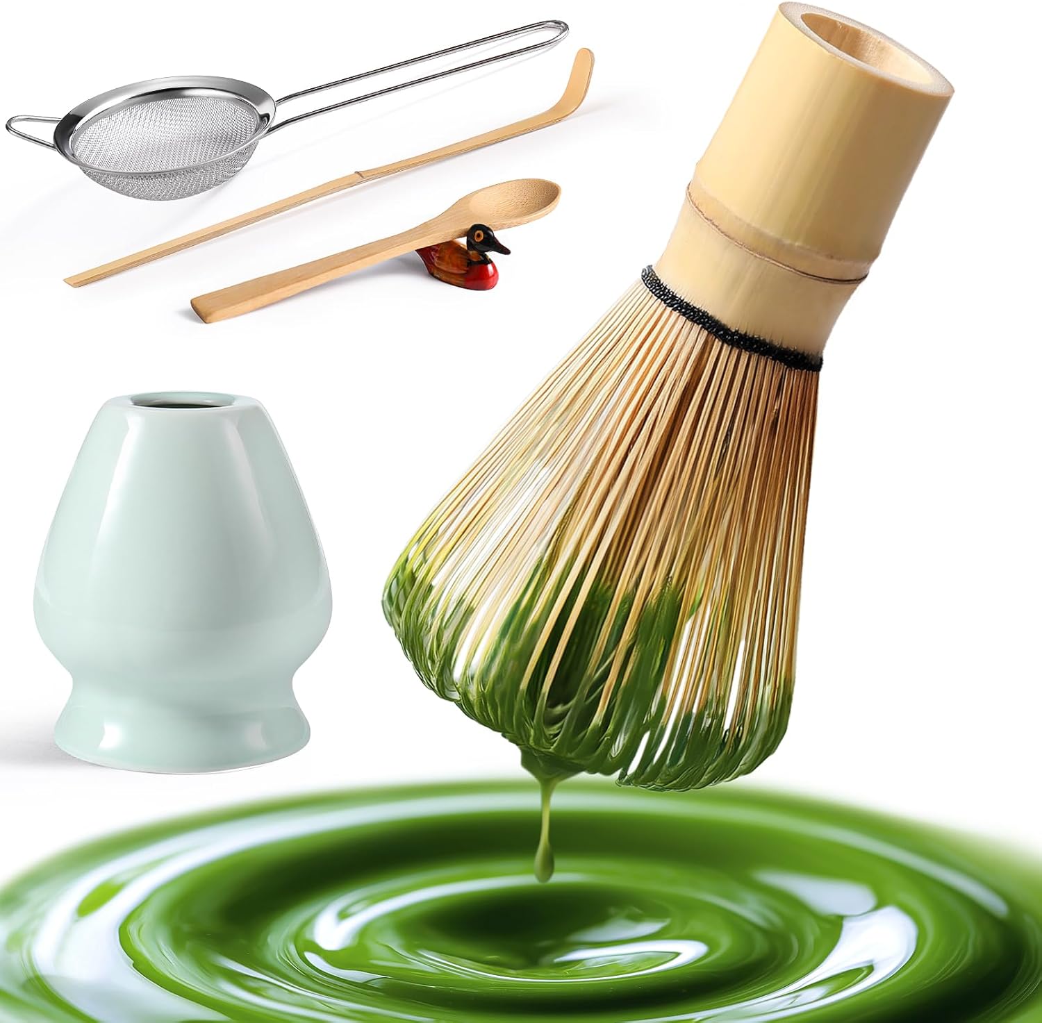 Skiennix Matcha Whisk Set - Complete 6-Piece Kit with Bamboo Whisk, Ceramic Holder & Accessories