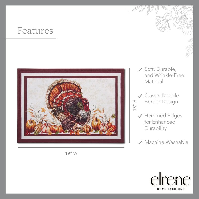 Elrene Home Fashions Autumn Heritage Turkey Engineered Placemats, Set of 4, 13"x19"