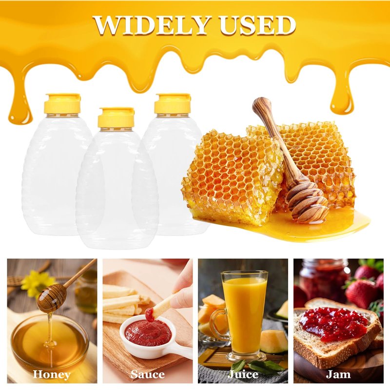 Hyuetrsa 32 Pcs 8.8 oz Clear Plastic Honey Bottles, Empty Honey Bottles with Caps Plastic Skep Style Jar Refillable Honey Containers,Leakproof Honey Containers Holders for Storing Dispensing,Yellow