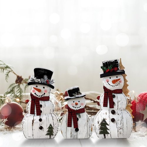 Barydat Christmas Snowman Wooden Decorations - Rustic Table Centerpieces for Holiday Decor | 3 Pcs Set
