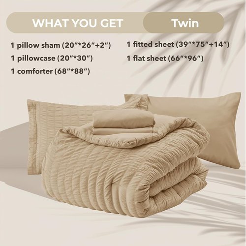 HYMOKEGE Twin Comforter Set - Luxury 5-Piece Seersucker Bedding Set in Khaki for All Seasons