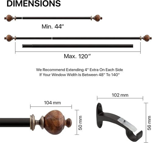 Deco Window Curtain Rod - Heavy Duty 1-Inch Metal Drapery Rod | Adjustable 44-120 Inch with Decorative Wood Finials - Brown Matte